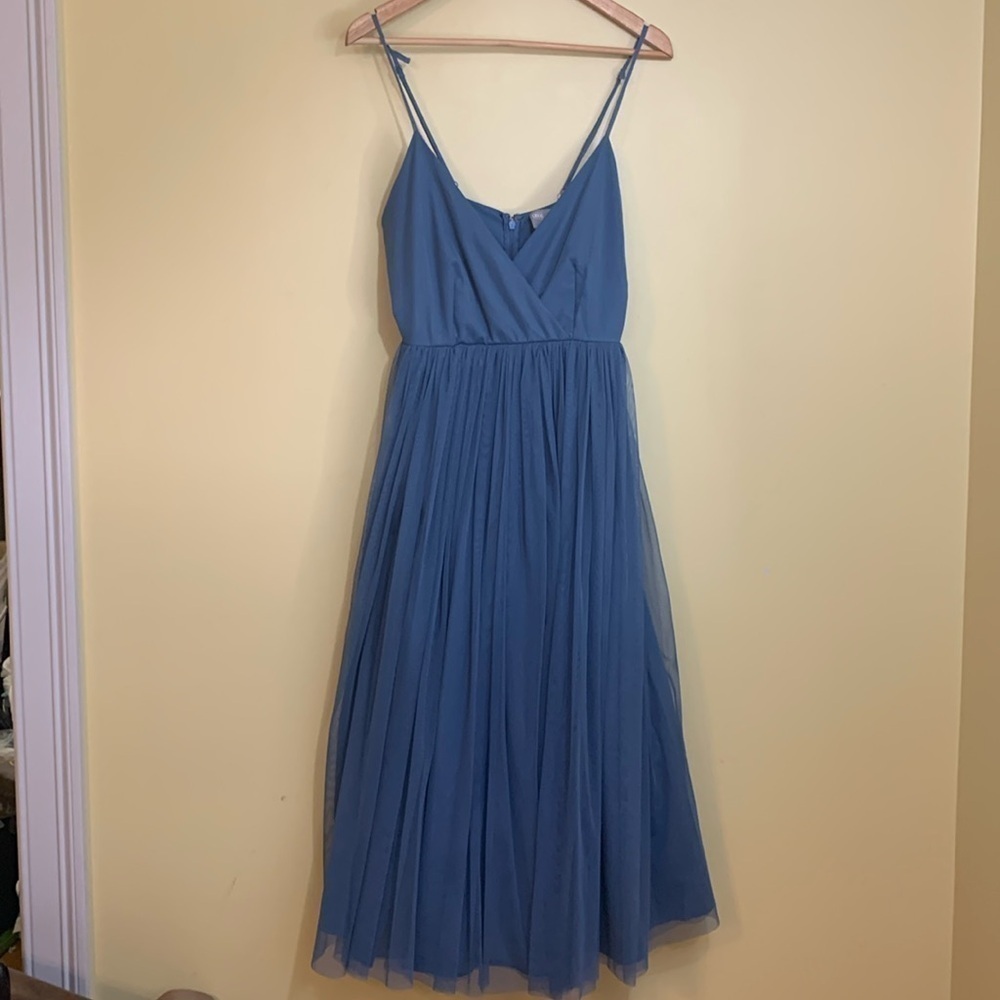 ASOS | Blue Surplice Strappy Tulle Fit and Flare 4 Layer Skirt Midi Dress 8